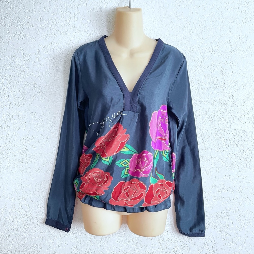 Desigual Long Sleeve Blouse Top MEDIUM Navy Blue Floral Roses Elastic Hem Art